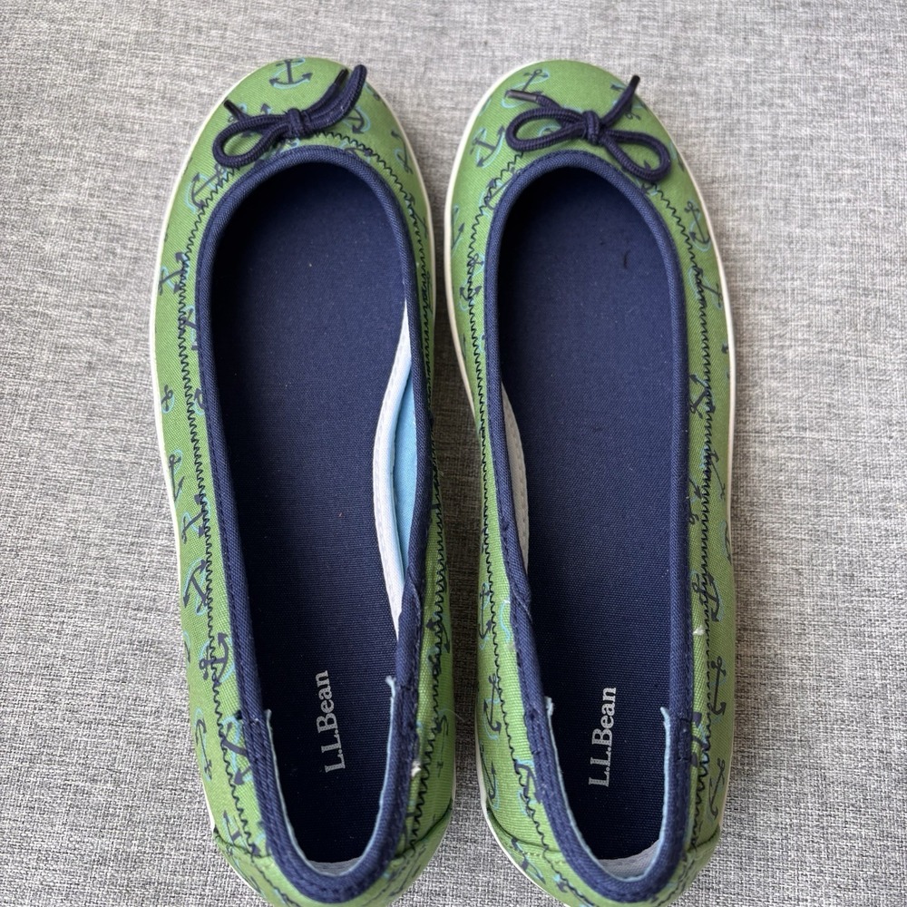 L.L. Bean Women's 8W Boat Sneaker Shoes Canvas Green Blue Nautical Anchors - Picture 3 of 14